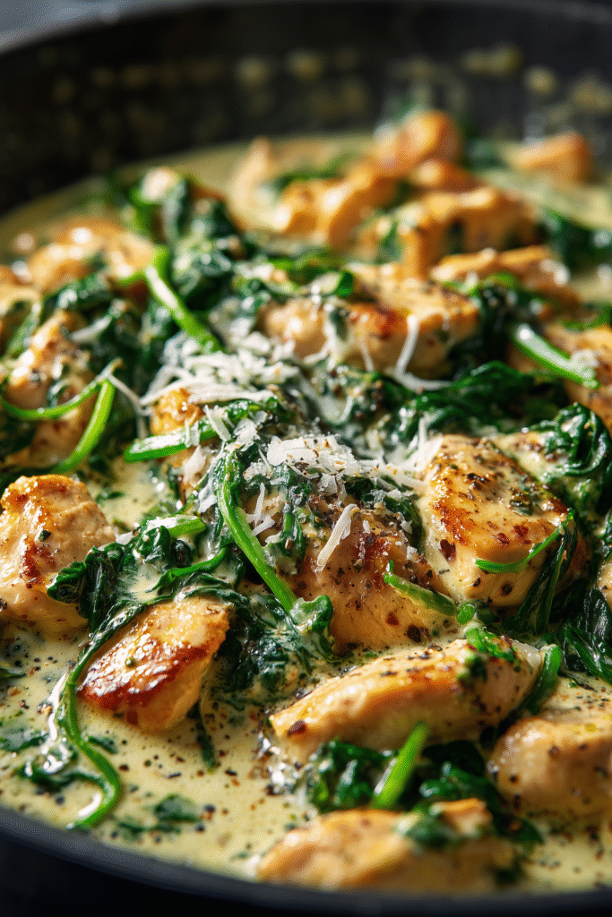Simmering skillet of creamy chicken spinach pasta with chicken and spinach in a golden sauce.