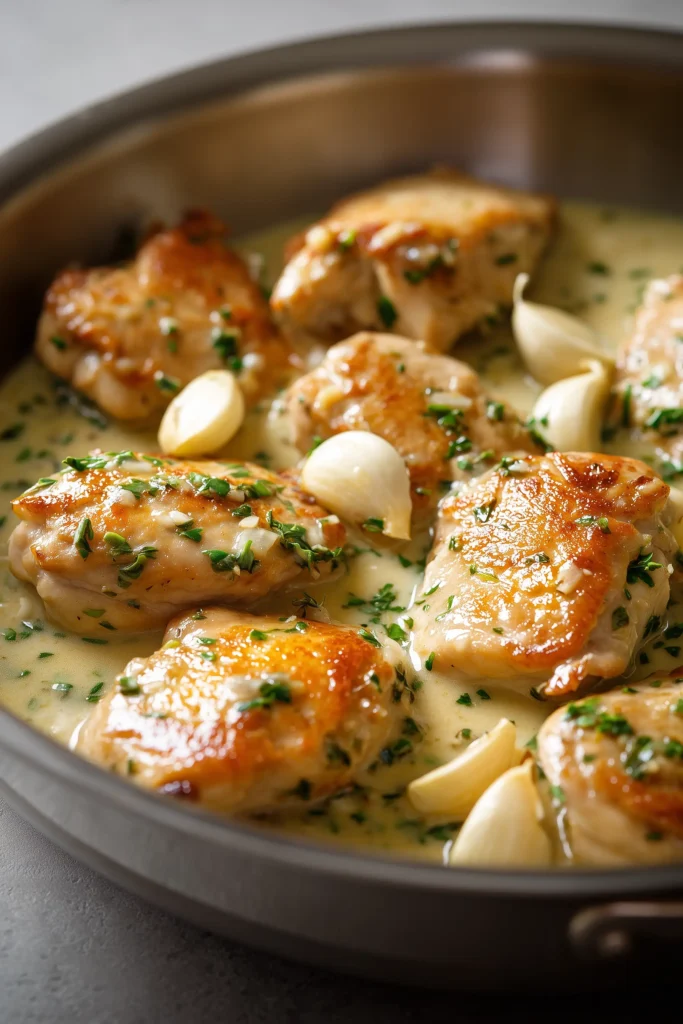 Creamy Garlic Chicken pieces simmering in creamy garlic sauce inside a skillet.