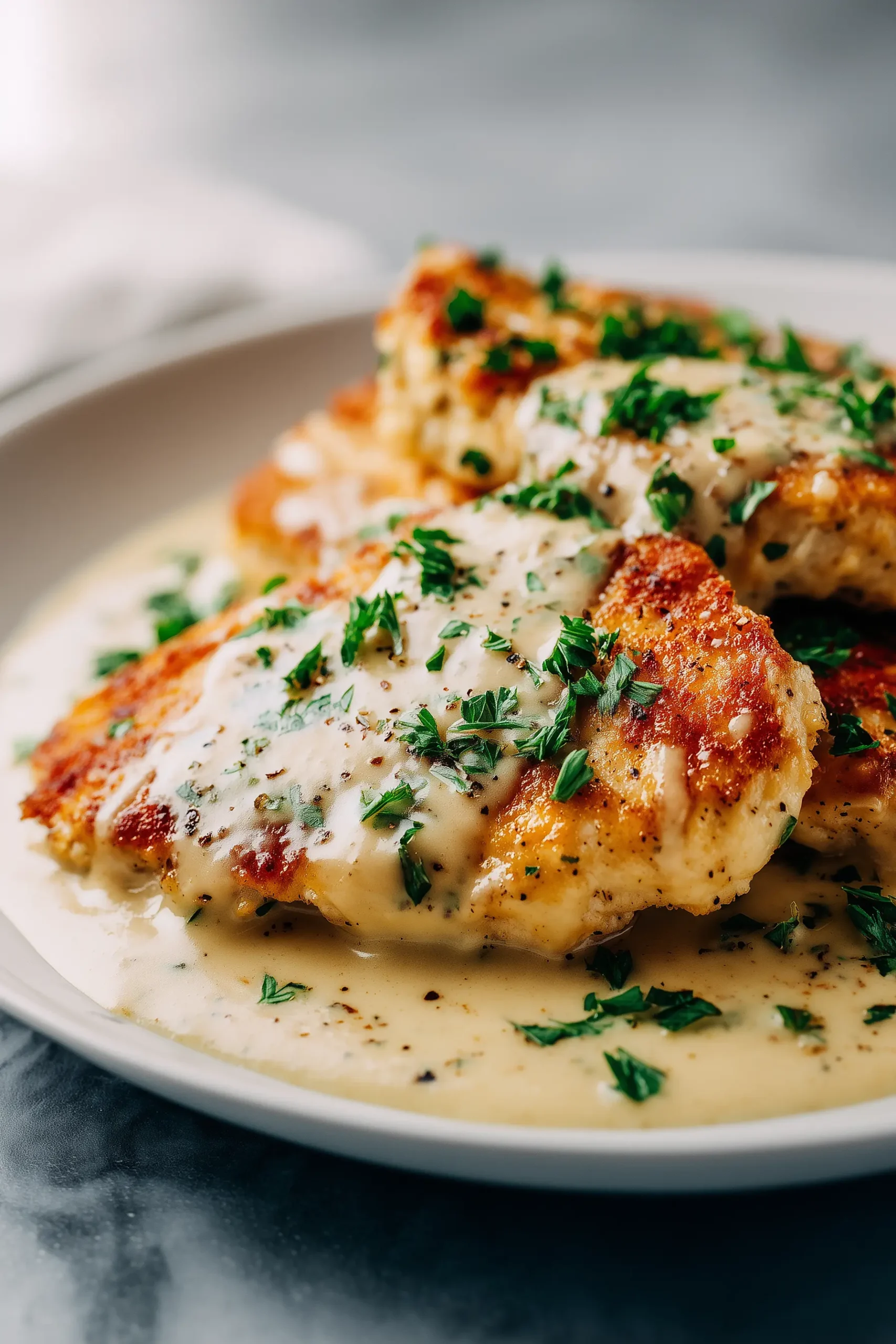 Creamy Garlic Chicken plated in a golden garlic cream sauce with parsley on a white marble background.