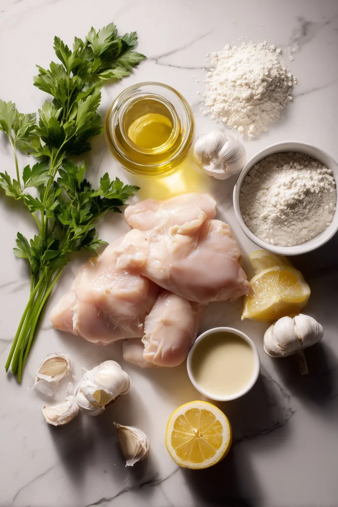 Ingredients for Creamy Garlic Chicken laid out on a bright white marble counter.