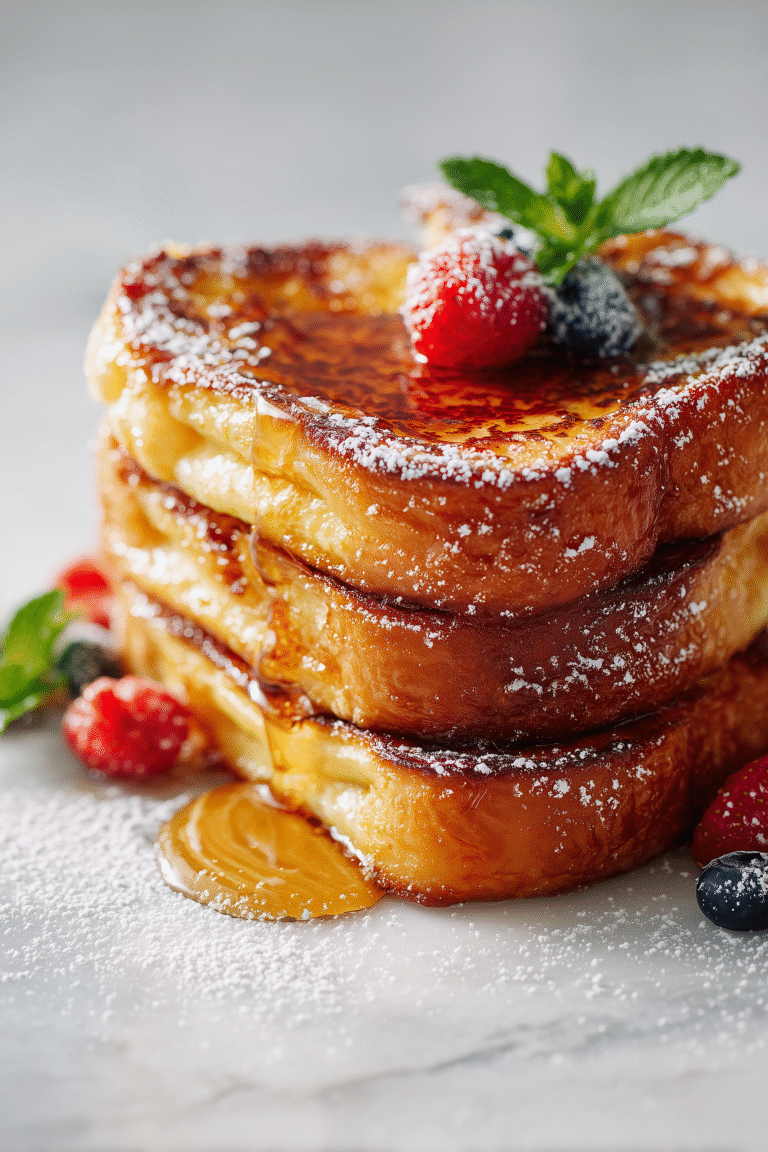 Golden slices of Alton Brown’s French Toast with crisp edges on a marble background.