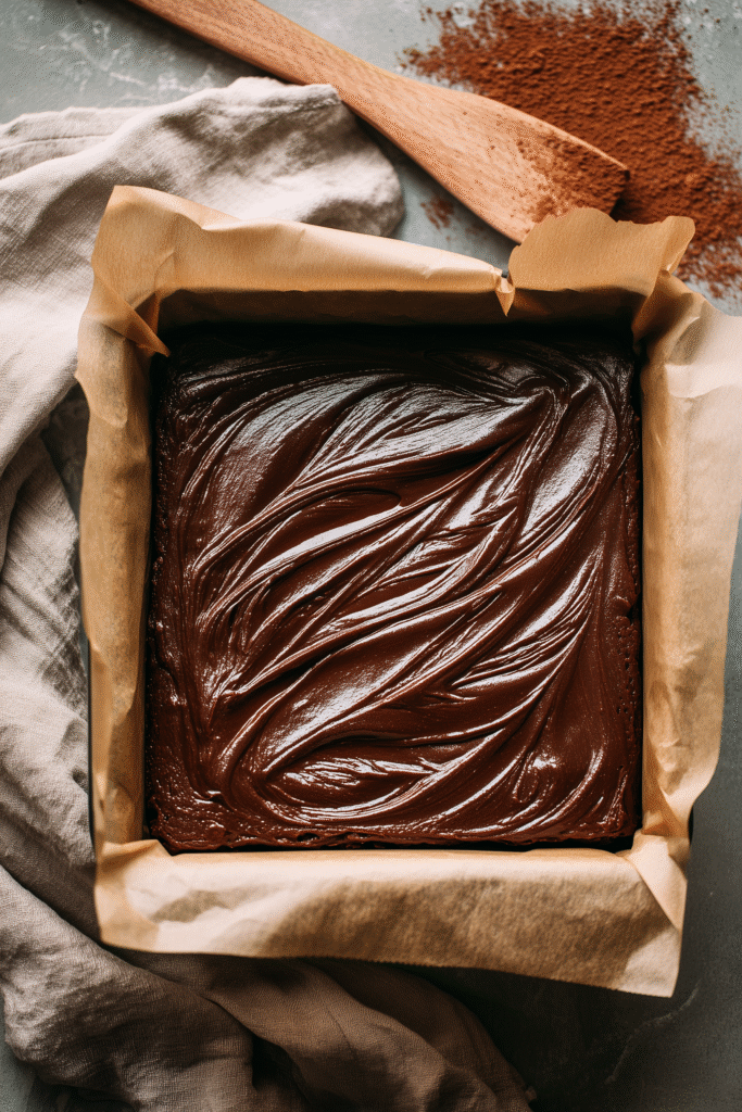 Glossy brownie batter in a parchment-lined pan ready to bake for fudgy flourless brownies.