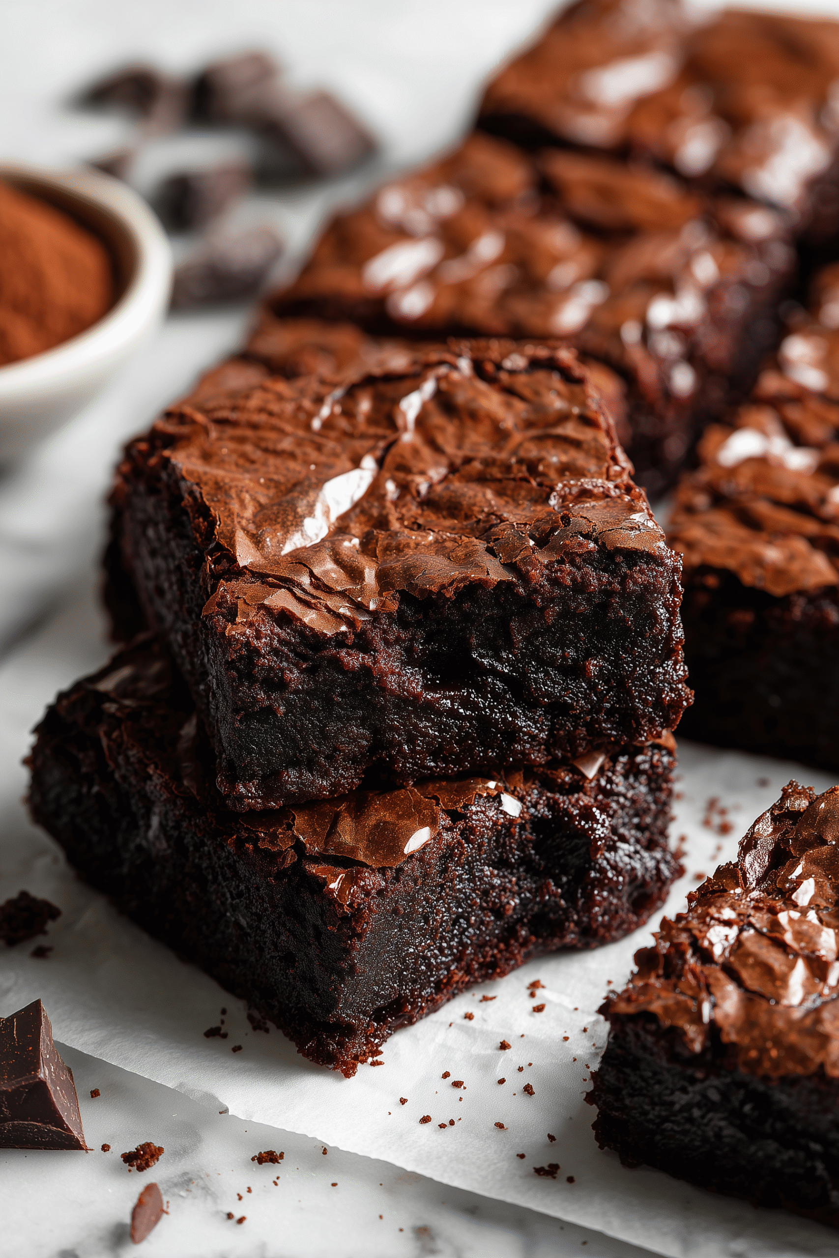 Fudgy flourless brownies with glossy, crackled tops and gooey centers arranged on parchment paper.