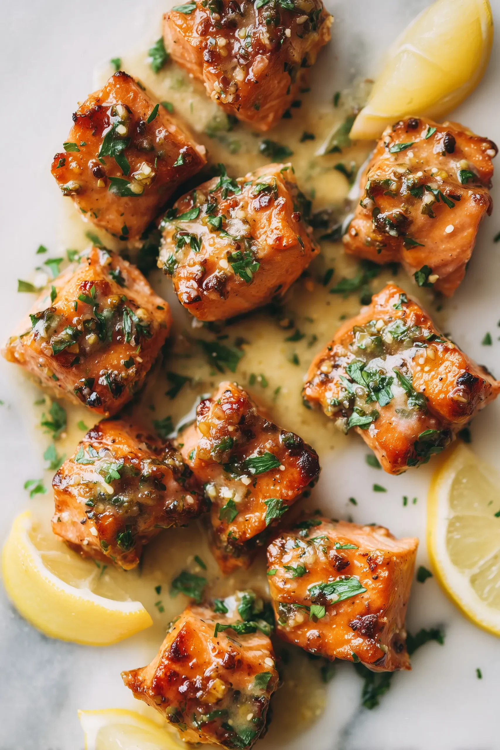 Close-up of Garlic Butter Salmon Bites with golden edges and fresh herbs on white marble.