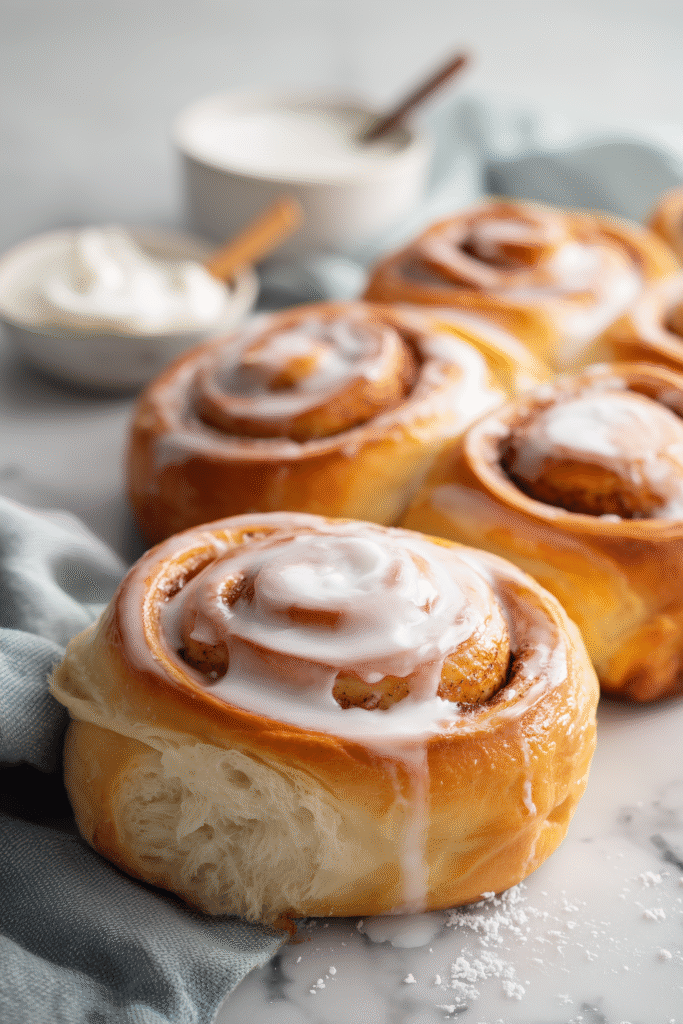 Fluffy homemade cinnamon rolls with icing and golden edges on a white marble background.