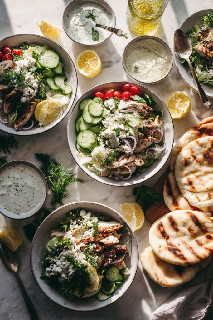 Platter of Greek Lemon Chicken Bowls, lemon, pita, and sauce on a bright table for a family dinner.