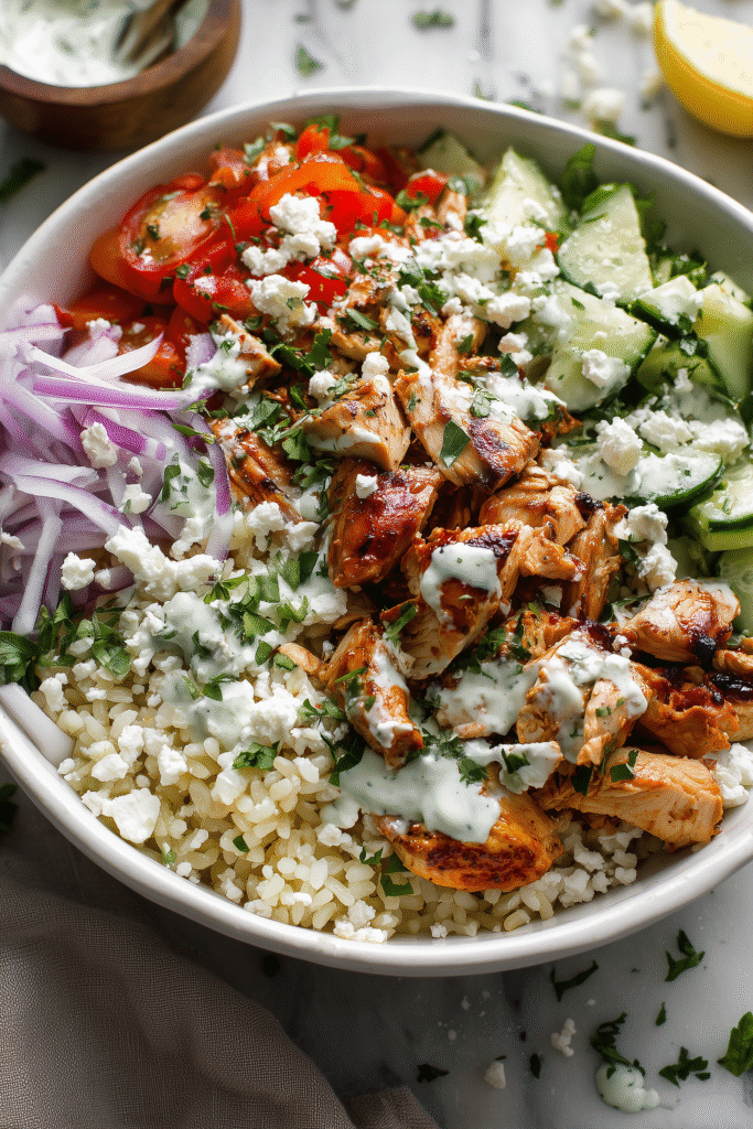 Greek Lemon Chicken Bowls with grilled chicken, cozy grains, fresh veggies, feta, and lemon-yogurt sauce in a bright bowl.