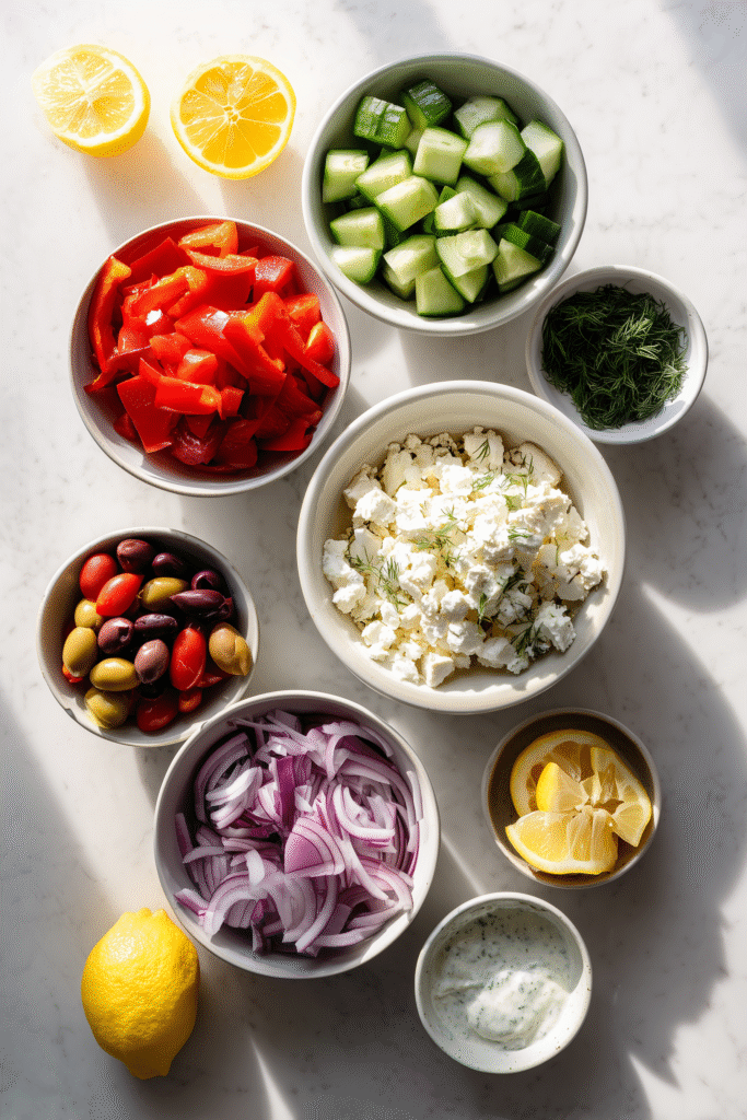 Assorted bowls of Greek Lemon Chicken Bowls ingredients including veggies, feta, grains, and lemon-yogurt sauce.