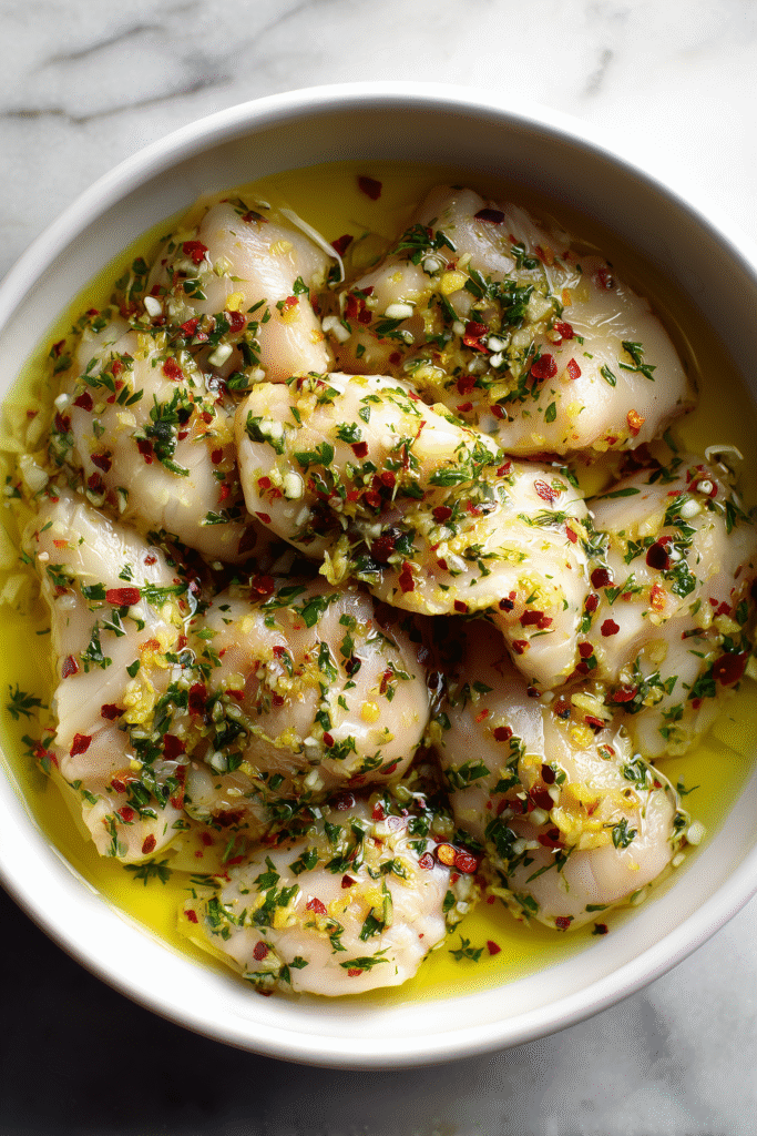 Chicken pieces marinating in lemon, olive oil, and herbs for Greek Lemon Chicken Bowls.
