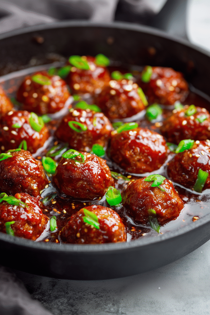 Best Korean BBQ Meatballs 3 Meatballs simmering in a skillet with glossy Korean BBQ sauce and garnished with green onions.