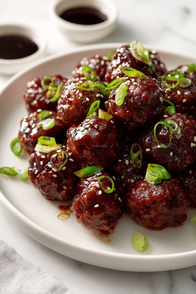 Best Korean BBQ Meatballs 1 Juicy Korean BBQ Meatballs glazed in a sticky, glossy sauce and topped with green onions and sesame seeds.