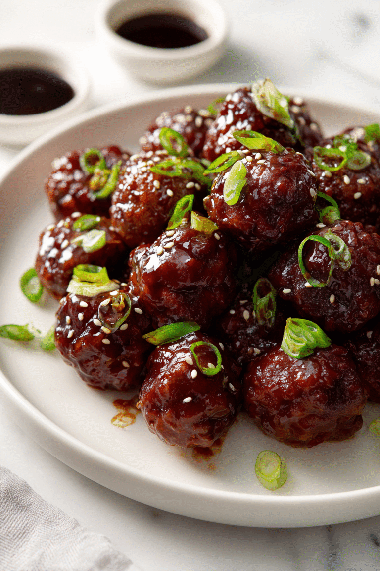 Juicy Korean BBQ Meatballs glazed in a sticky, glossy sauce and topped with green onions and sesame seeds.