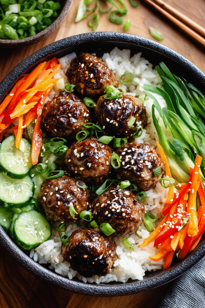 Best Korean BBQ Meatballs 4 A bowl of Korean BBQ Meatballs with rice, pickled veggies, and green onions for the perfect comforting meal.
