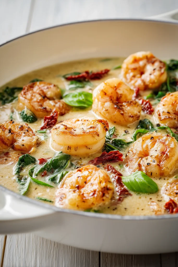 Shrimp cooking in creamy parmesan sauce with sun-dried tomatoes for Marry Me Shrimp Pasta.