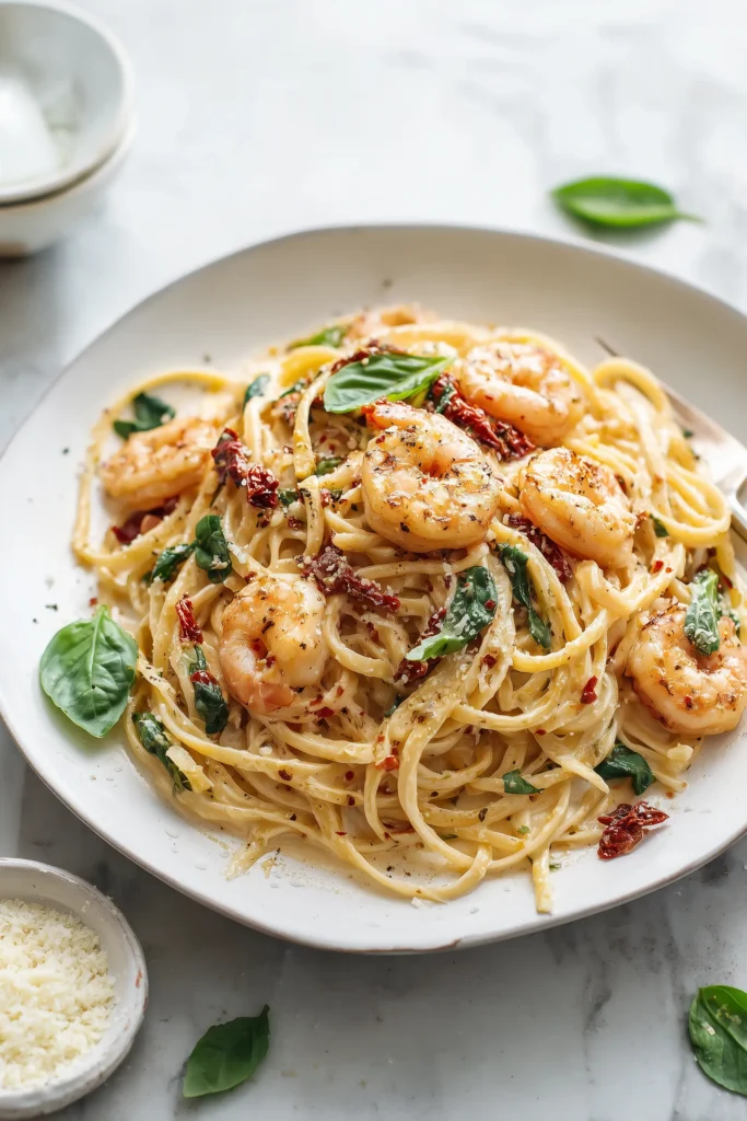 Creamy Marry Me Shrimp Pasta with shrimp, sun-dried tomatoes, and parmesan sauce on a white plate.