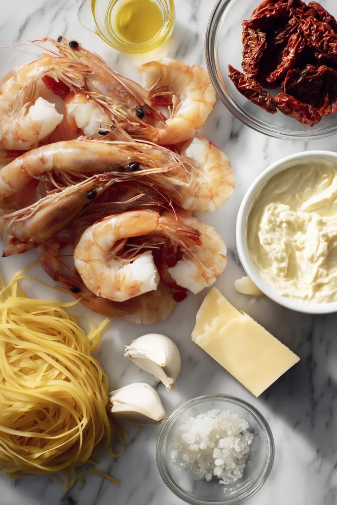 Ingredients for Marry Me Shrimp Pasta, including shrimp, pasta, sun-dried tomatoes, garlic, and parmesan, shot overhead.
