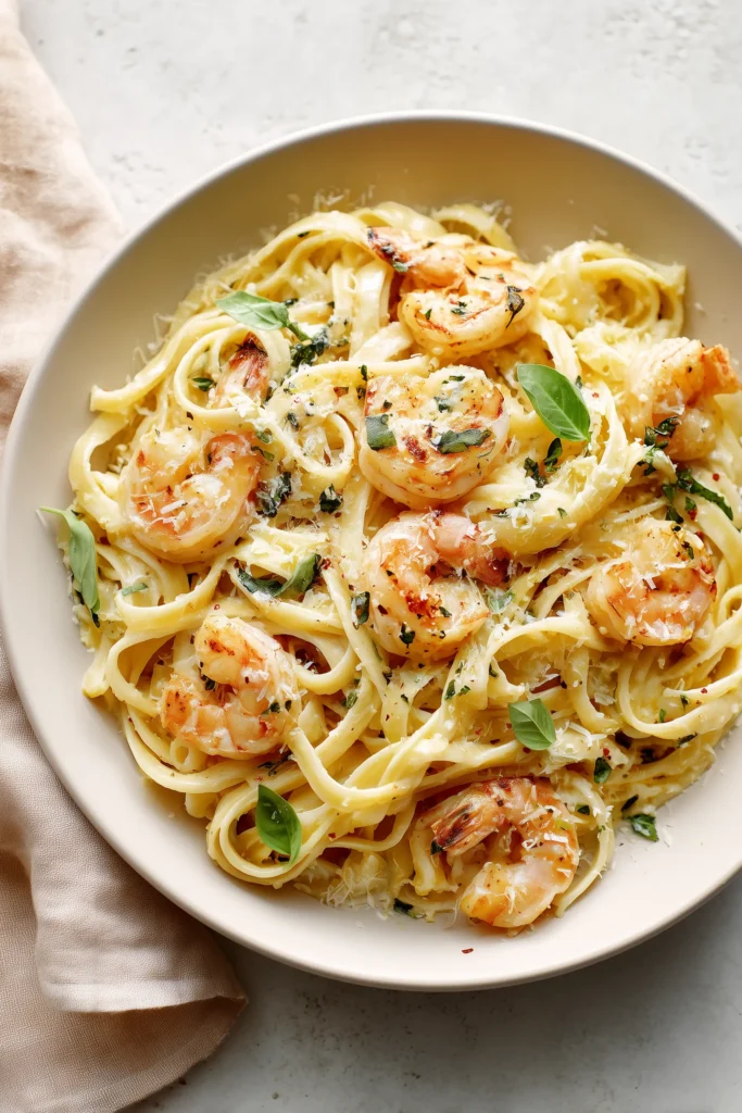 Family-style bowl of Marry Me Shrimp Pasta with creamy sauce, shrimp, basil, and parmesan, ready to serve.