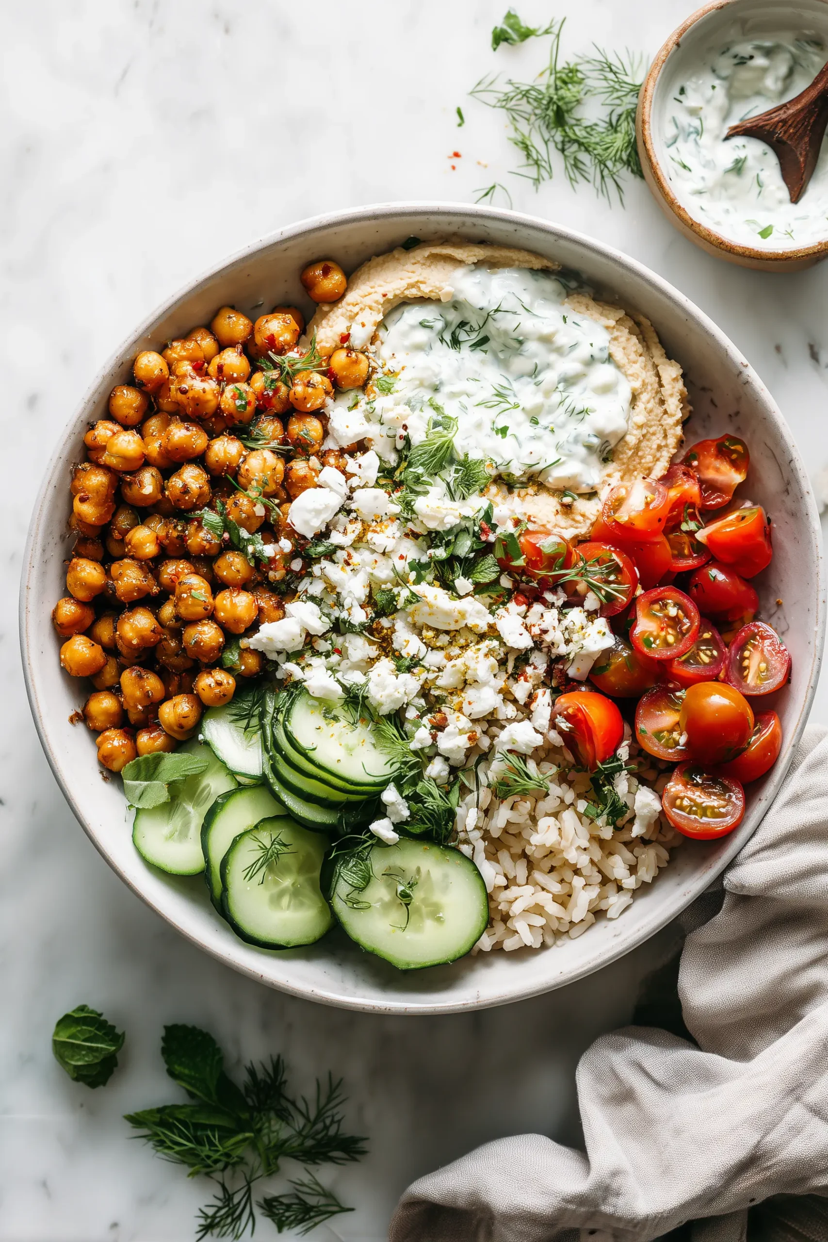 Overhead shot of Mediterranean Chickpea Bowl with chickpeas, rice, veggies, and herby yogurt.