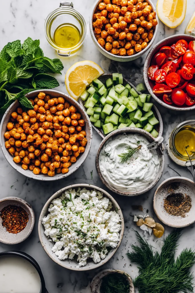 Flatlay of colorful ingredients for Mediterranean Chickpea Bowl on bright marble.