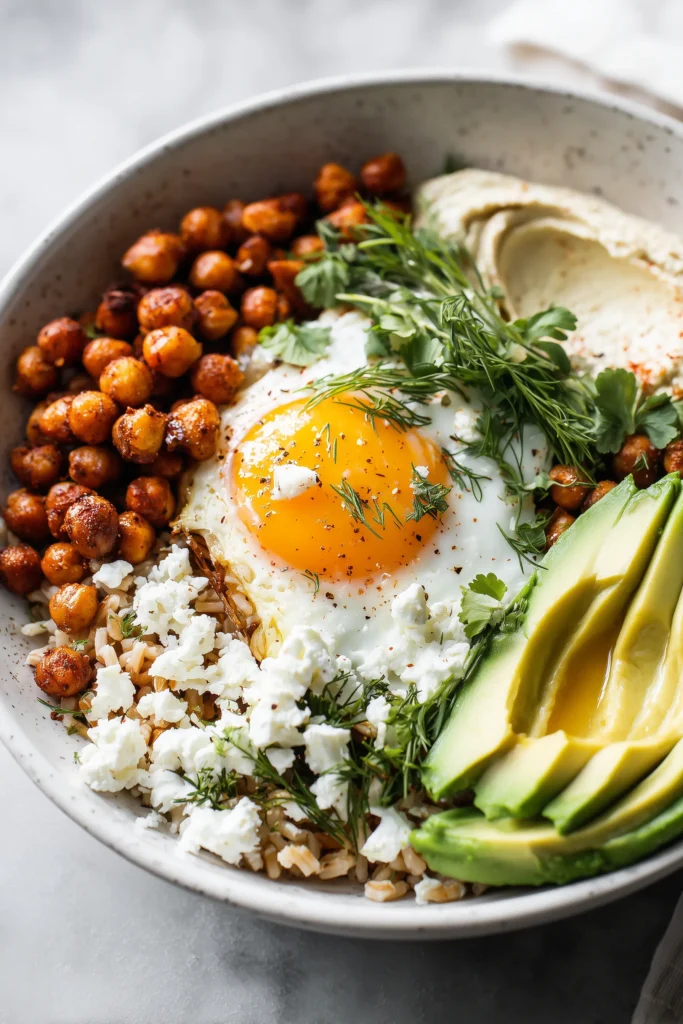 Close-up of fully assembled Mediterranean Chickpea Bowl with rice, chickpeas, veggies, and toppings.