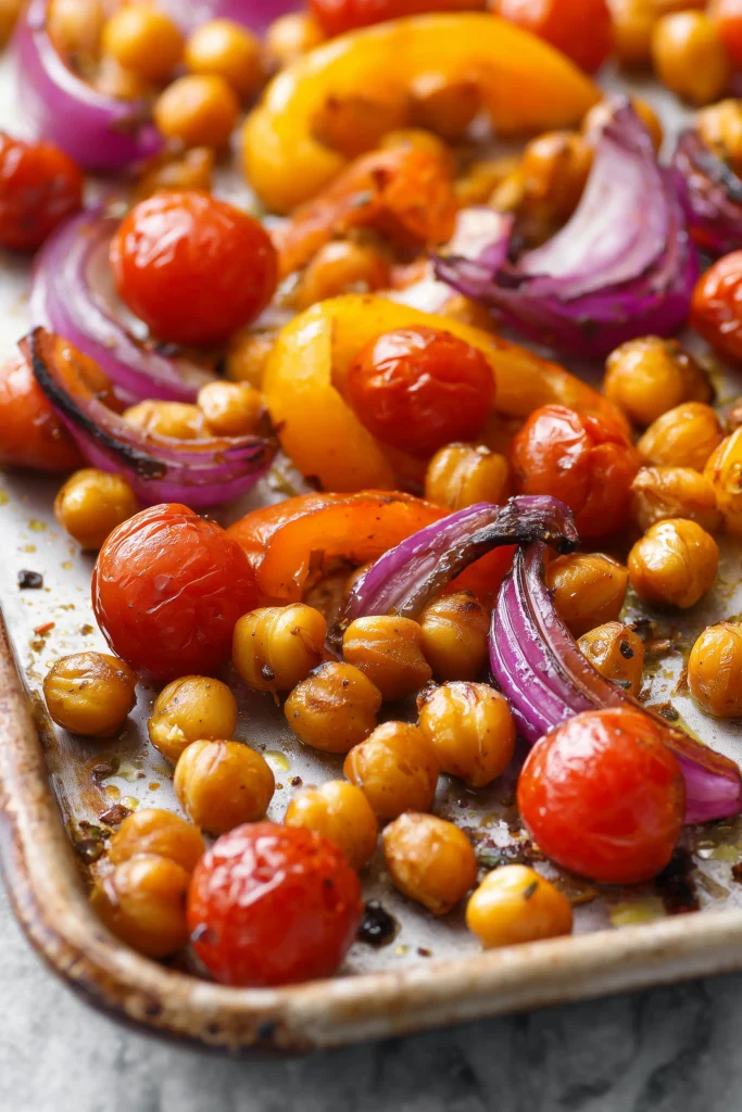 Close-up of roasted chickpeas, tomatoes, and peppers for Mediterranean Chickpea Bowl.