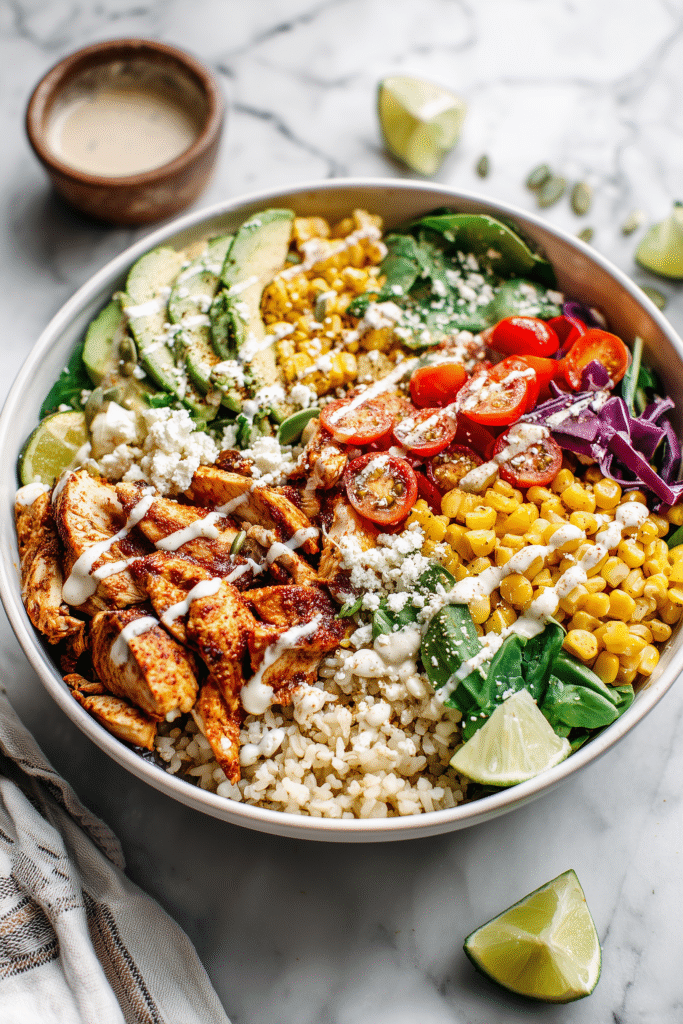 Best Mexican Chicken Burrito Bowl 1 A vibrant Mexican chicken burrito bowl with spiced chicken, rice, veggies, avocado, and cheese in a white bowl.