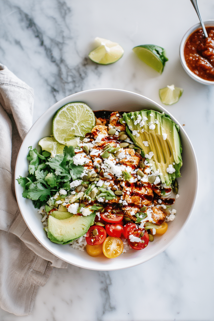 Best Mexican Chicken Burrito Bowl 3 Overhead shot of a garnished Mexican chicken burrito bowl with lime, cheese, avocado, and colorful toppings.