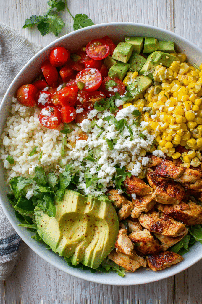 Best Mexican Chicken Burrito Bowl 2 Overhead shot of colorful Mexican chicken burrito bowl ingredients including rice, chicken, avocado, veggies, and cheese.