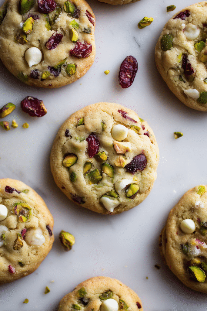 Soft Pistachio Cranberry Cookies with green pistachios and red cranberries on white marble.