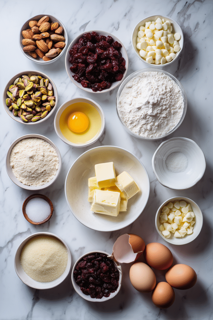 Ingredients for Pistachio Cranberry Cookies precisely arranged on white marble.