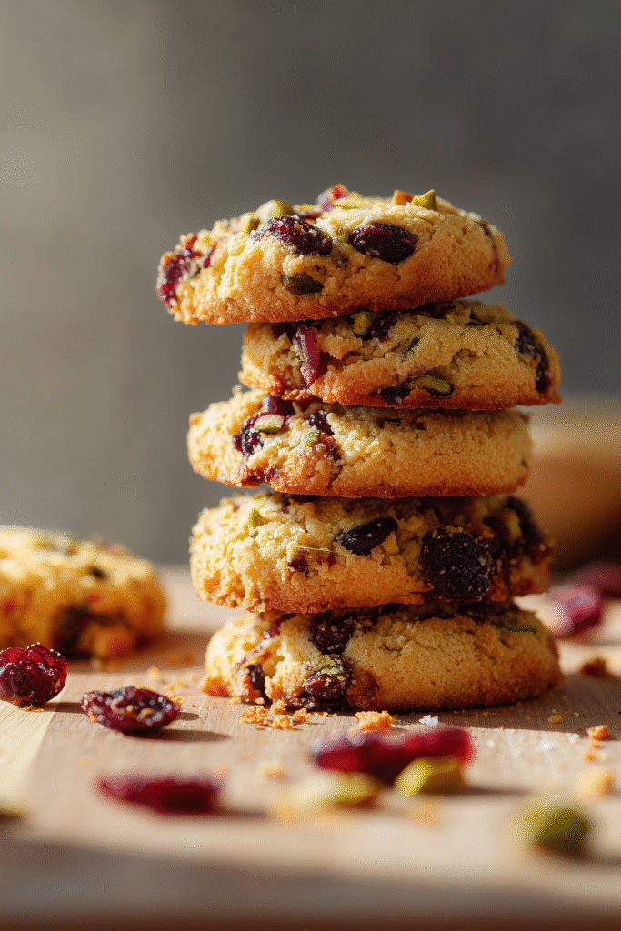 Stack of golden Pistachio Cranberry Cookies packed with pistachios and cranberries on a wooden board.