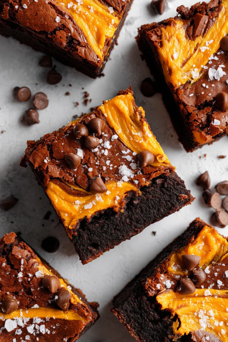 A plate of Pumpkin Brownies swirled with pumpkin spice, chocolate chips, and flaky sea salt.