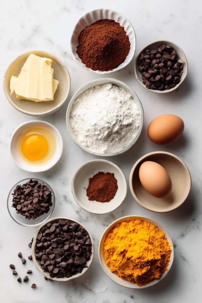 Ingredients for Pumpkin Brownies styled on a bright marble background.
