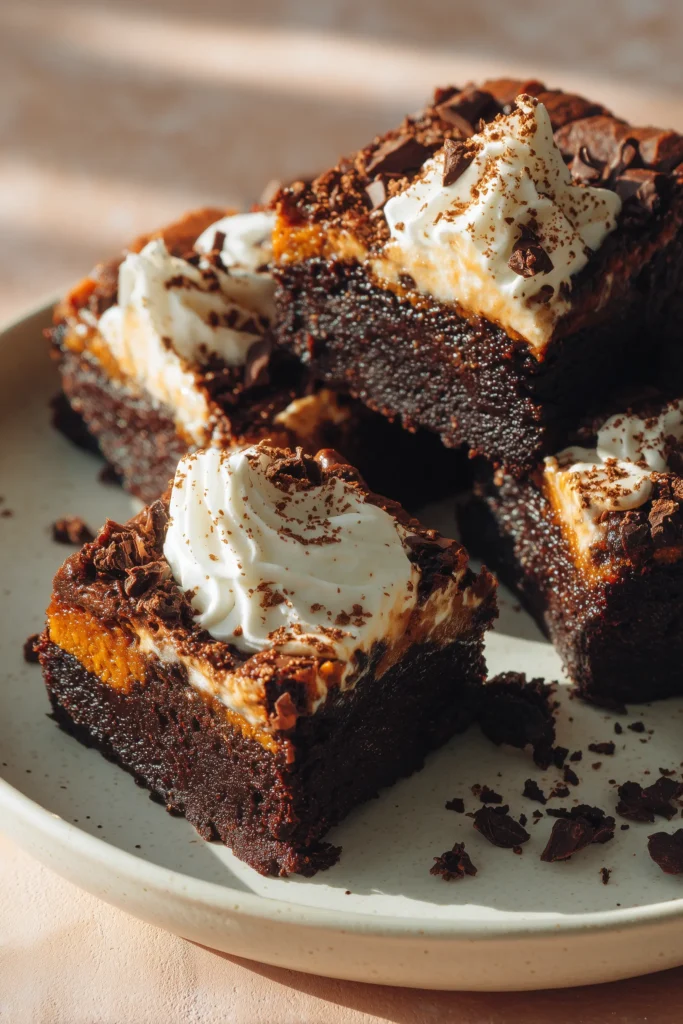 Sliced Pumpkin Brownies on a plate, topped with whipped cream and crumbs showing texture.