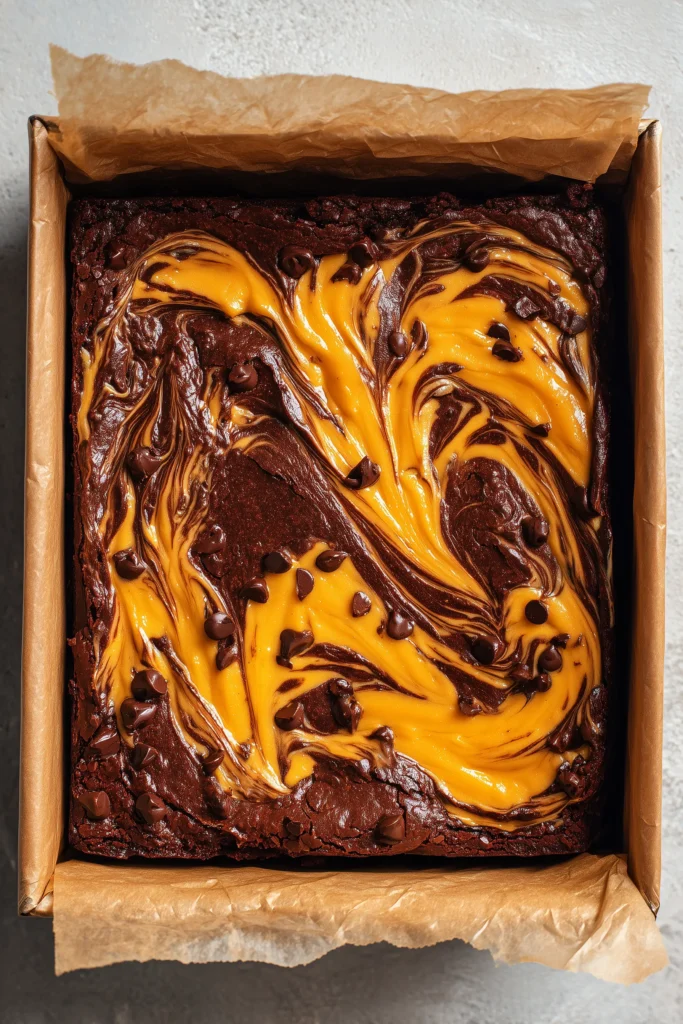 Pumpkin Brownies batter swirled with pumpkin and chocolate layers before baking.