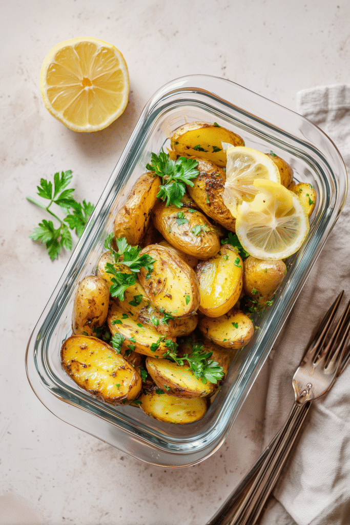 Glass container with leftover roasted fingerling potatoes, parsley, and lemon.