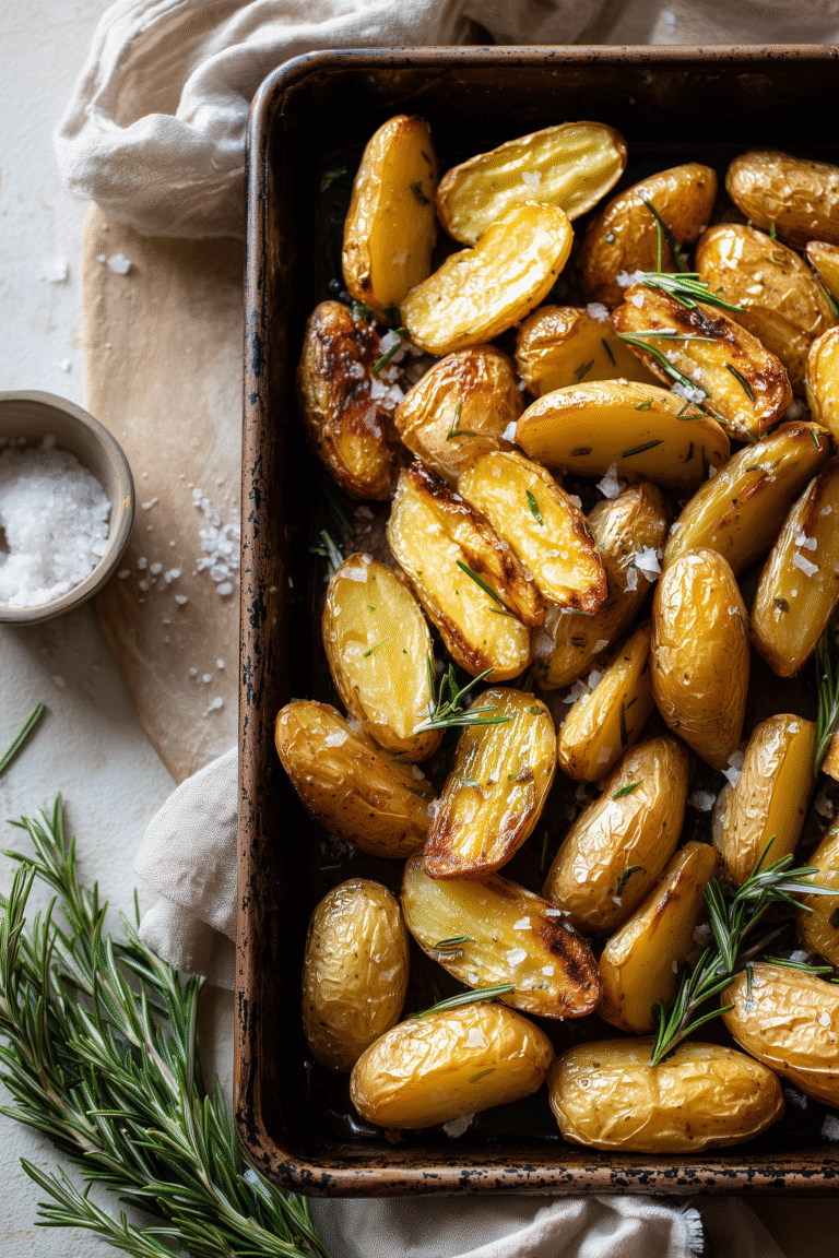Tray of roasted fingerling potatoes with golden edges and rosemary.