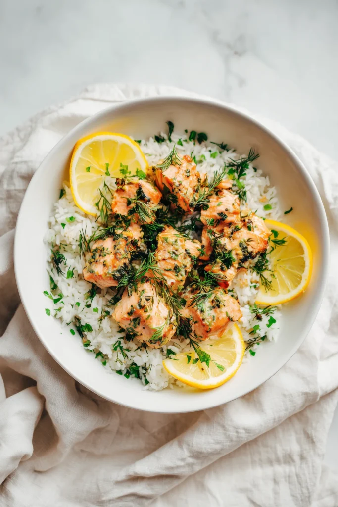 Garlic Butter Salmon Bites 4 Garlic Butter Salmon Bites served on rice with herbs and lemon in a modern white bowl.