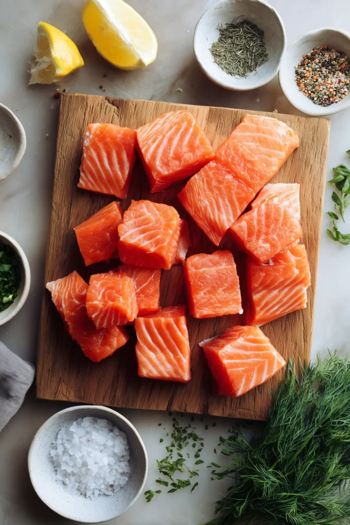 Garlic Butter Salmon Bites 2 Overhead view of cubed salmon and ingredients for Garlic Butter Salmon Bites on a wooden board.