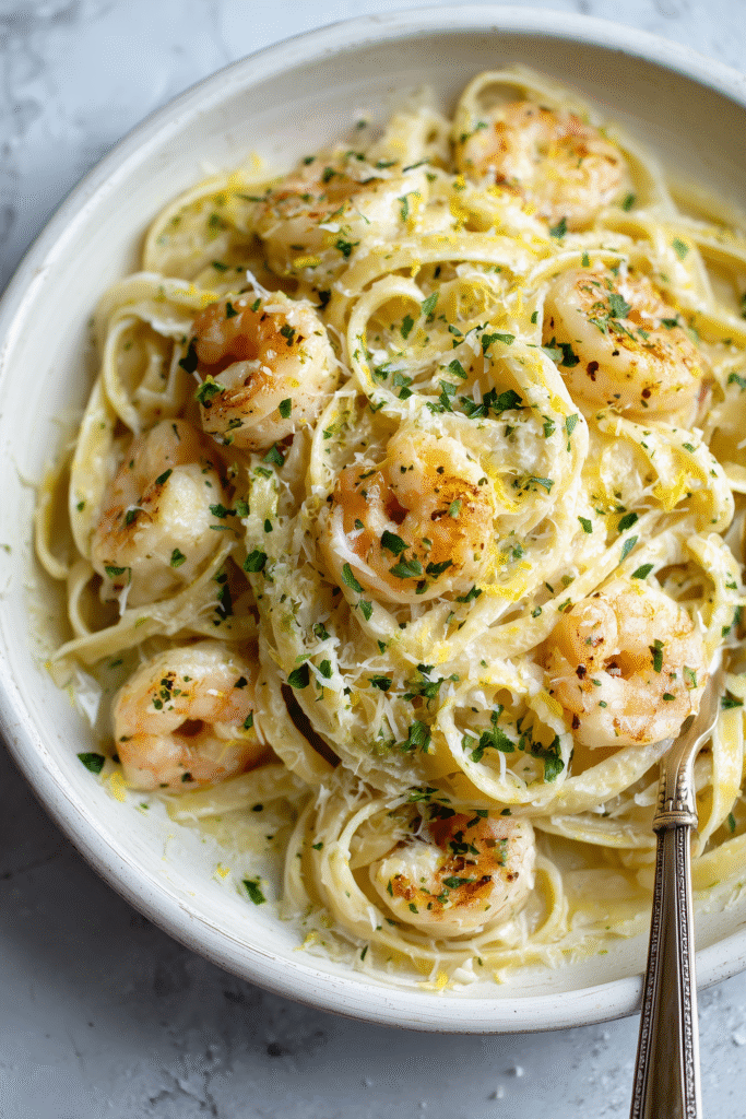 A close-up of shrimp fettuccine alfredo in a white bowl with creamy sauce and parsley.