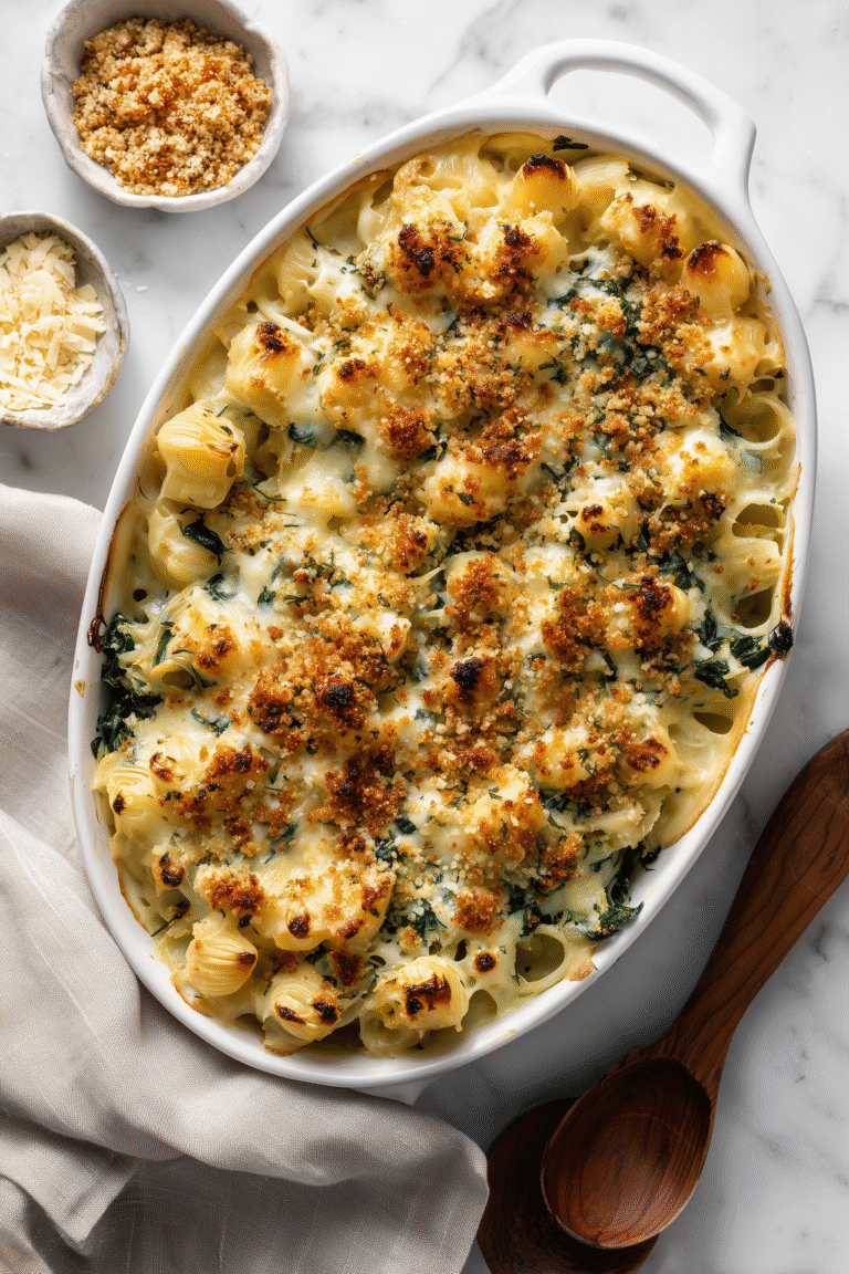Spinach and artichoke mac and cheese with golden breadcrumb topping in a white casserole dish, bright and appetizing.
