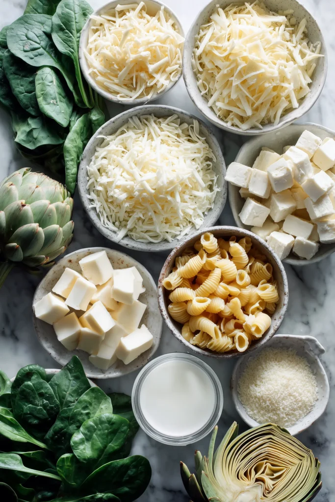 Overhead view of spinach and artichoke mac and cheese ingredients organized on a bright marble surface.