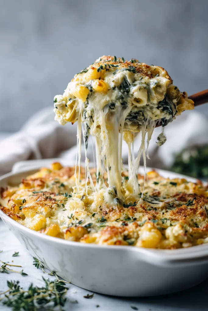 Serving of spinach and artichoke mac and cheese with melted cheese and greens on a white plate.