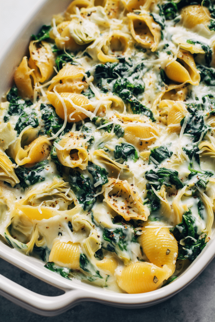 Spinach and artichoke mac and cheese mixture with vibrant greens and cheese before baking, close-up.