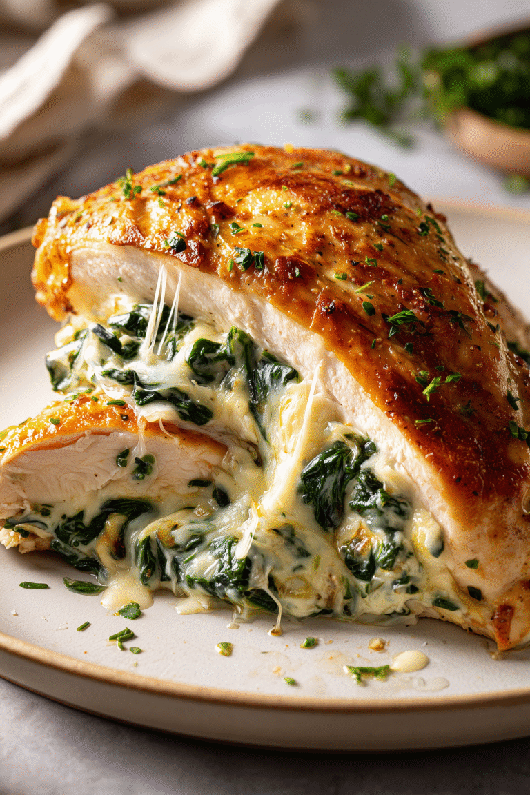 Plated stuffed chicken breast sliced open, showing creamy cheesy center and golden edges.