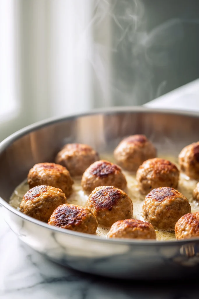 Swedish Meatball browning in a skillet, starting to develop their golden crust.