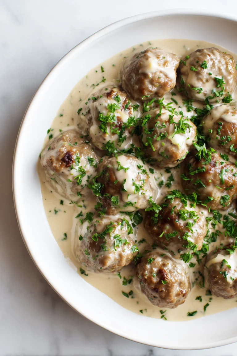 Swedish Meatball served in creamy sauce on a white dish, garnished with parsley.
