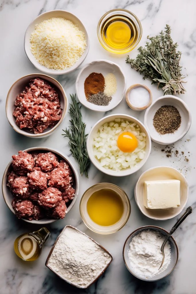 Swedish Meatball ingredients arranged on a bright, marble background.