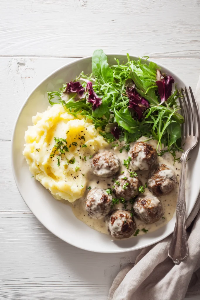Swedish Meatball plated with mashed potatoes and greens, ready to enjoy.