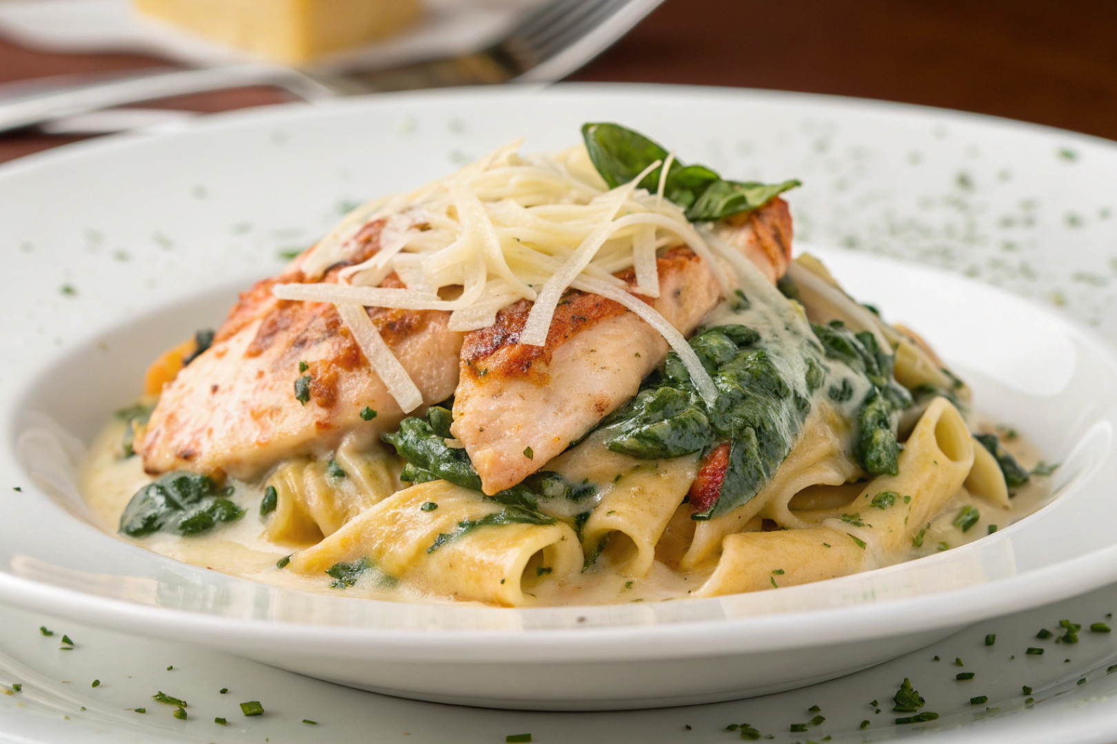 Cheesy Chicken Spinach Pasta featured dish plated
